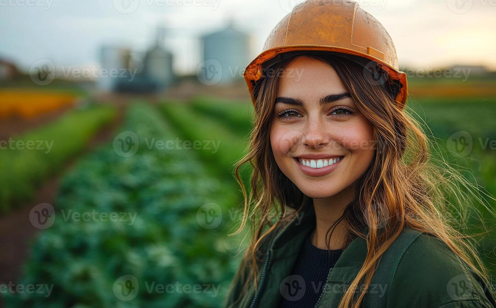 A woman wearing a hard hat and smiling in a field. Scene is cheerful and positive photo