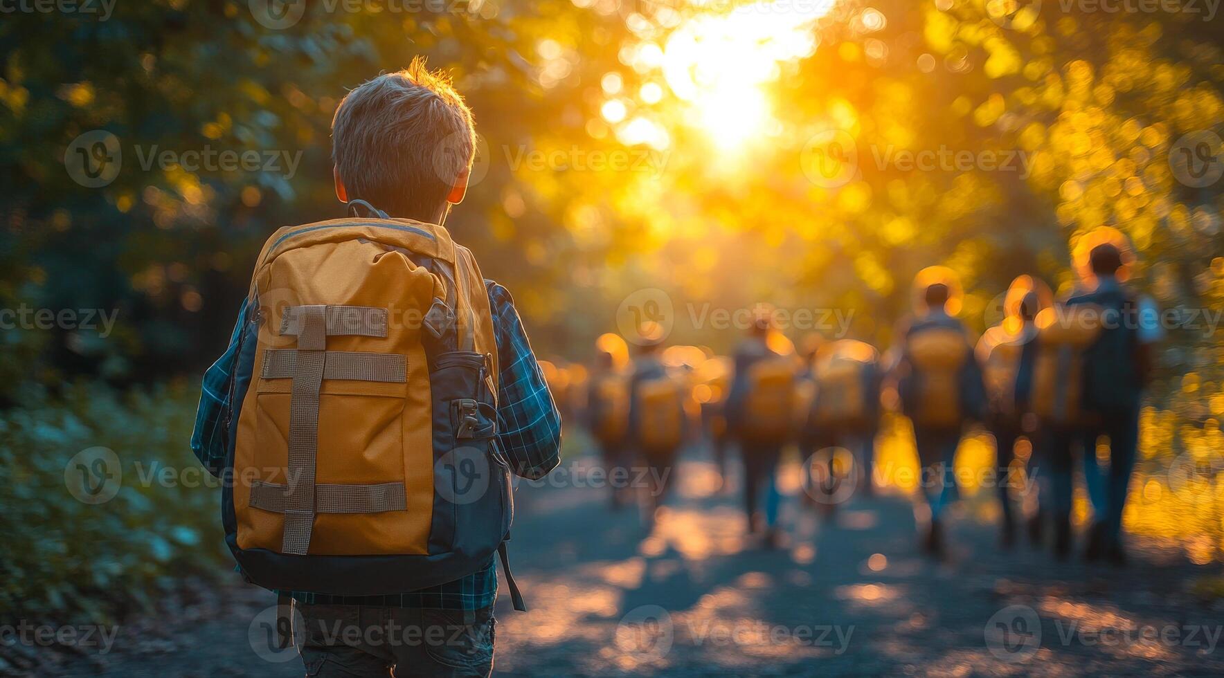 A boy wearing a backpack is walking with a group of people. photo