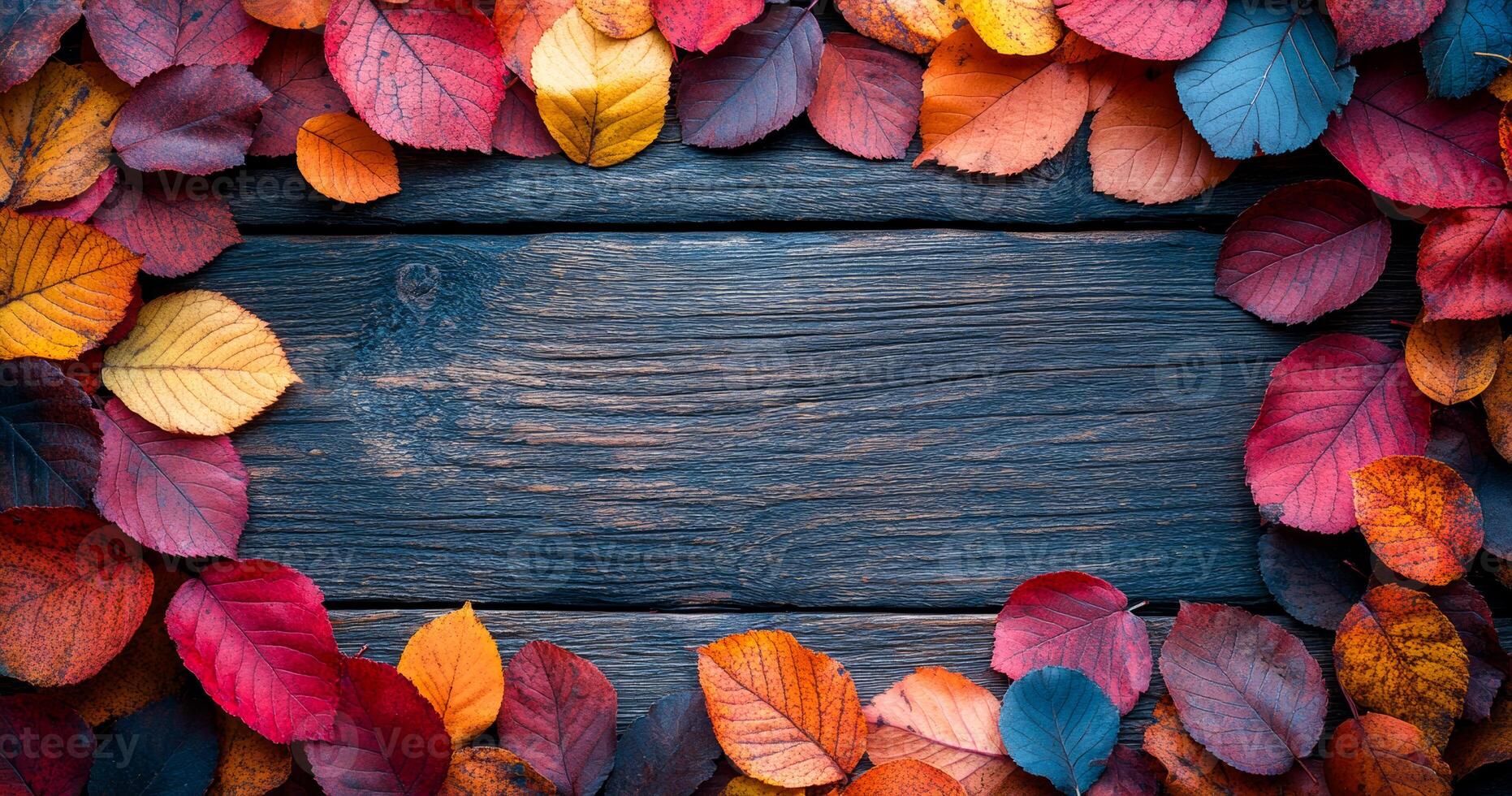 A wooden frame with a border of autumn leaves. The frame is brown and the leaves are orange and red photo