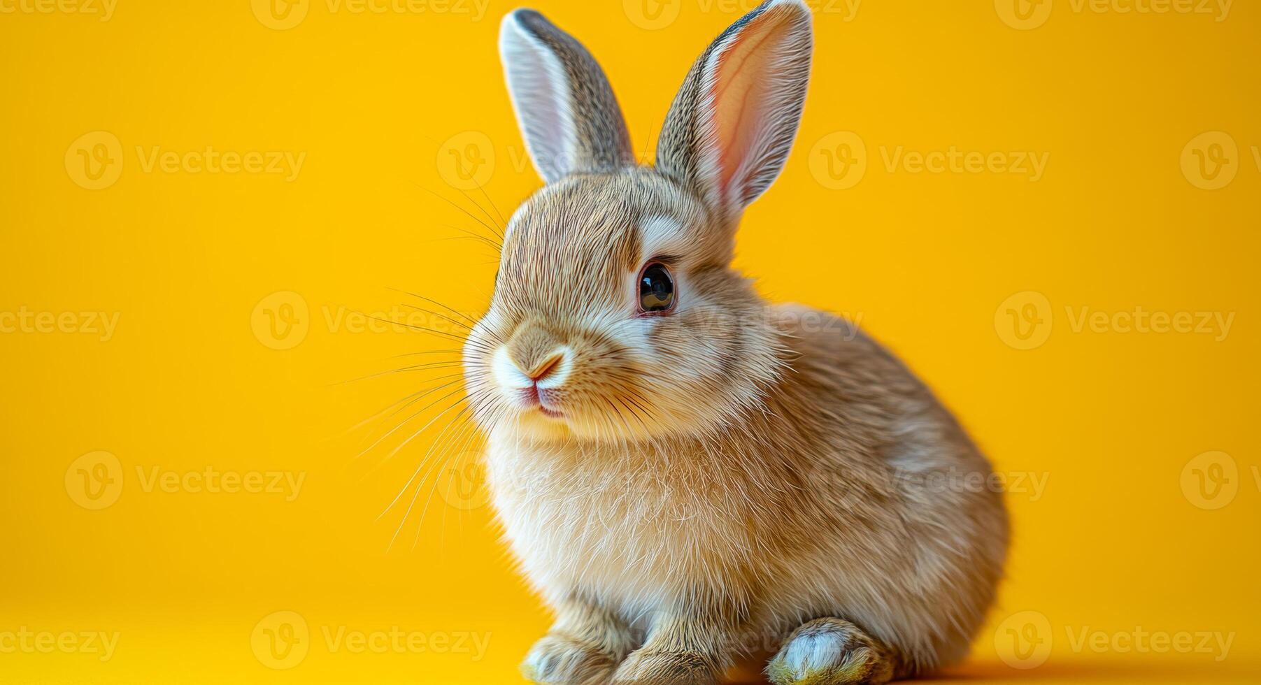 A small brown rabbit is sitting on a yellow surface. The rabbit has a curious look on its face and he is looking at the camera photo
