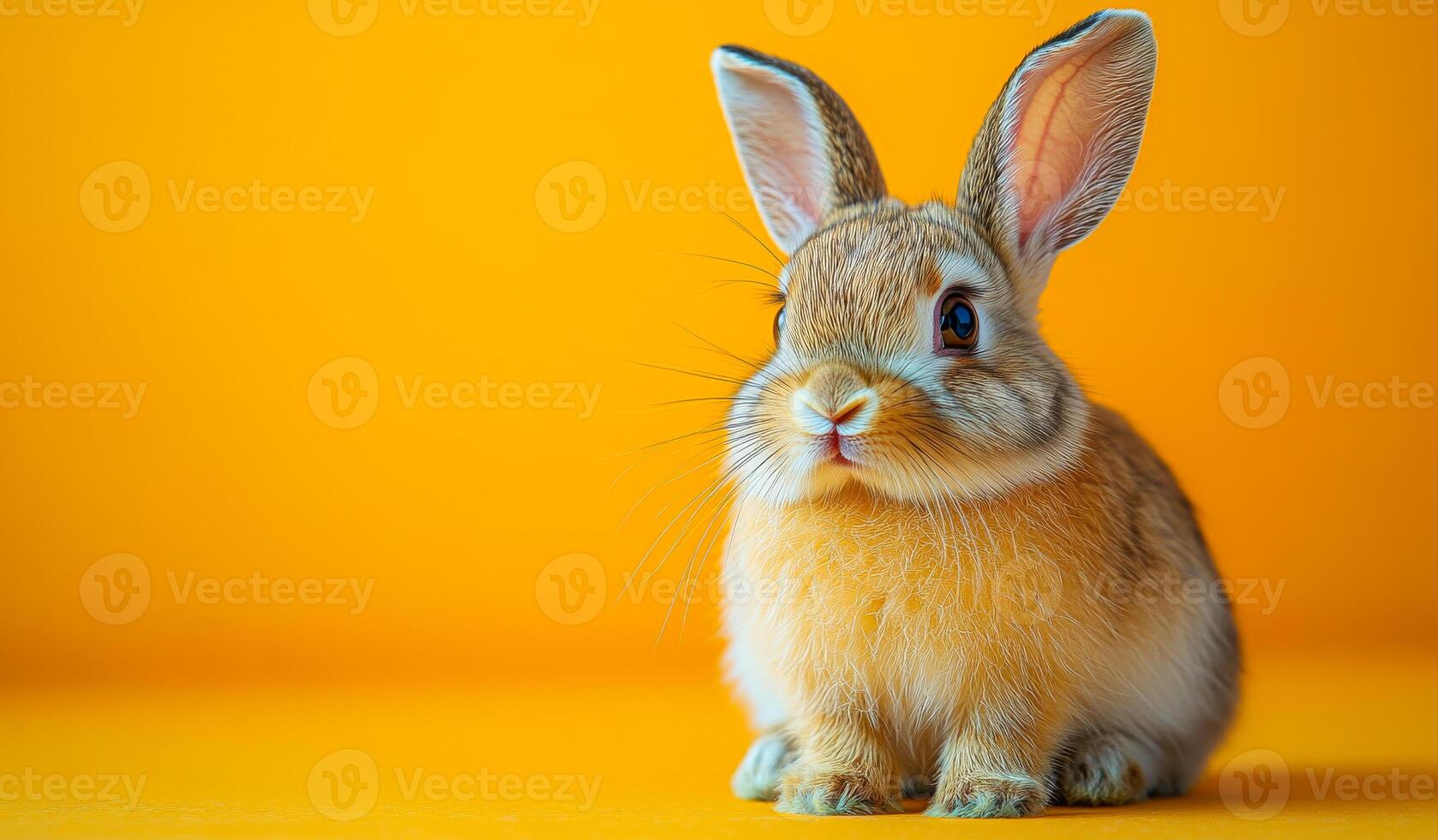 A small brown and white rabbit is sitting on a yellow surface. The rabbit has a curious expression on its face photo