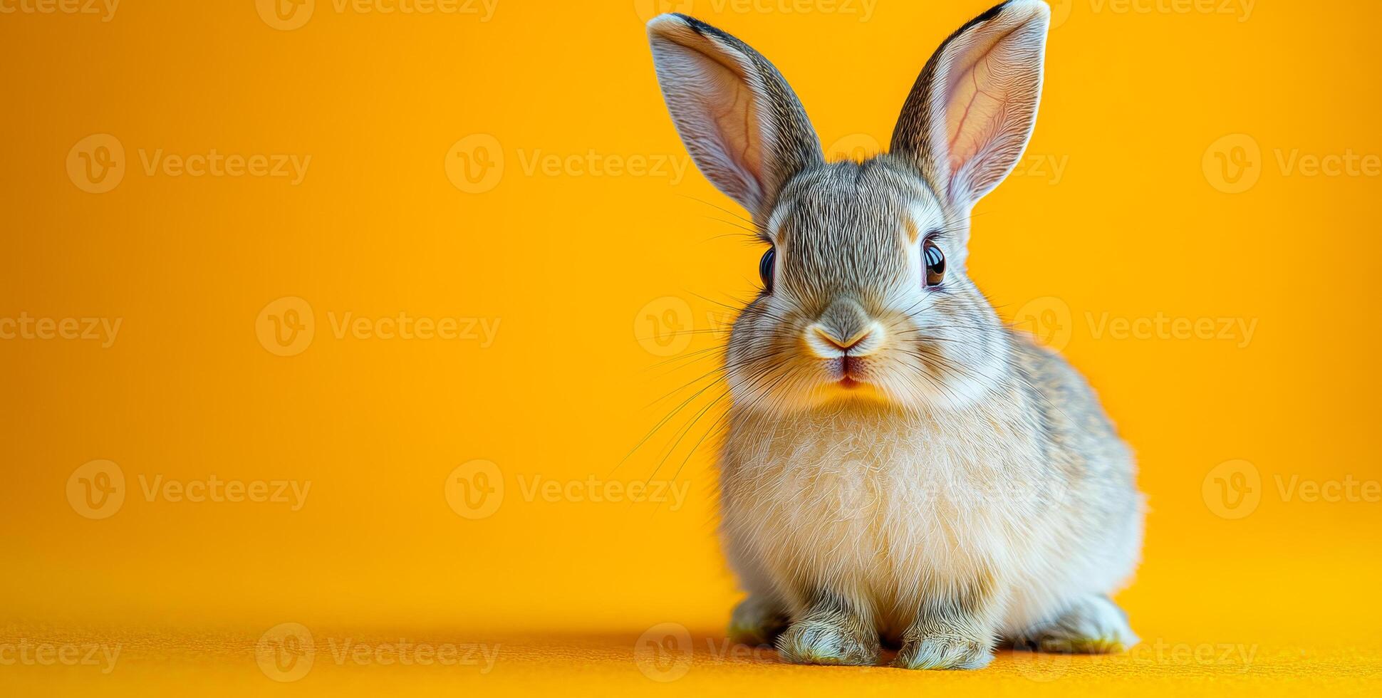 A small rabbit is sitting on a yellow background. The rabbit has a curious expression on its face photo