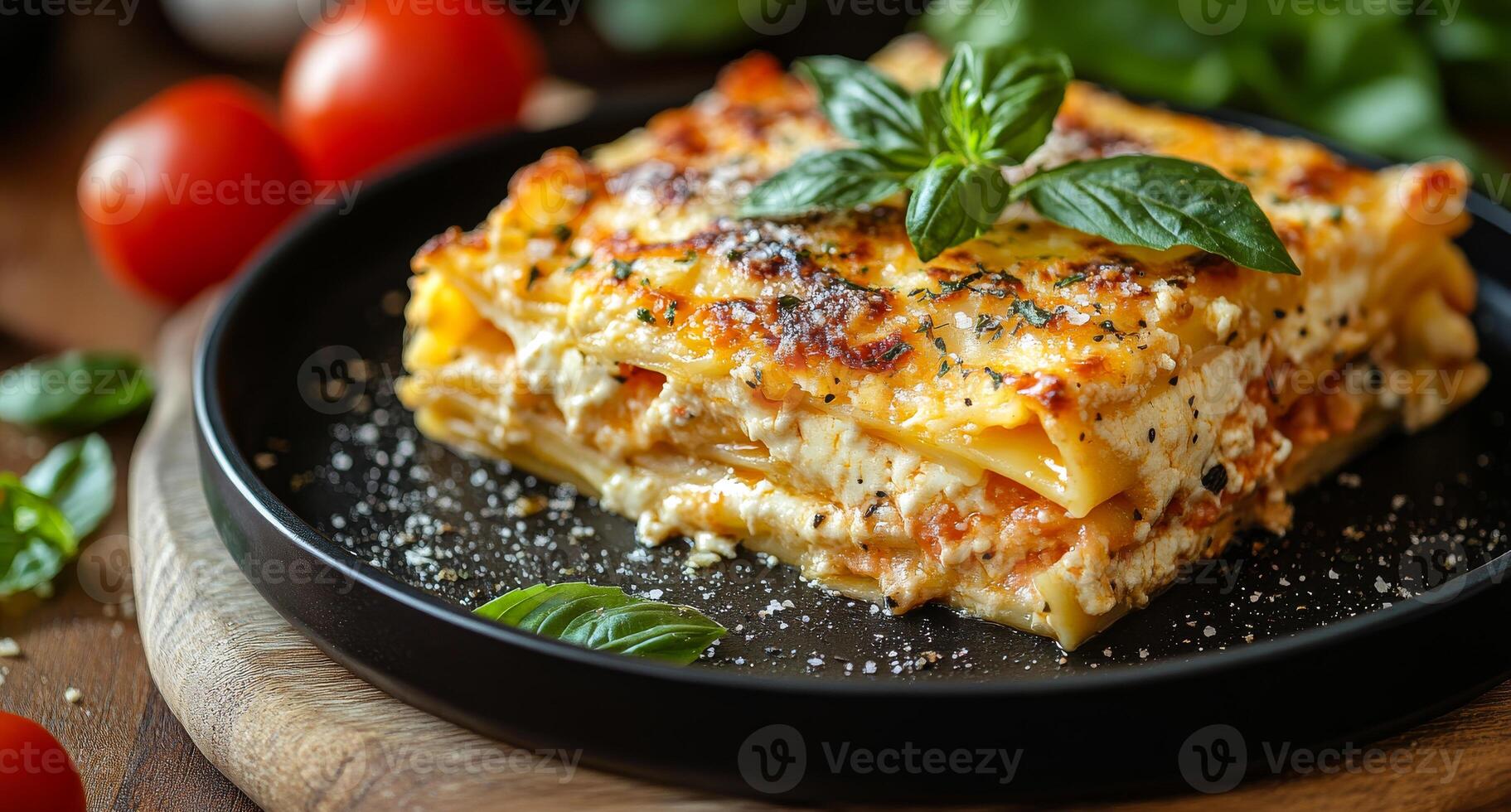 A large lasagna with a basil leaf on top. The dish is served on a black plate and is garnished with a few pieces of basil. The plate is placed on a wooden table photo