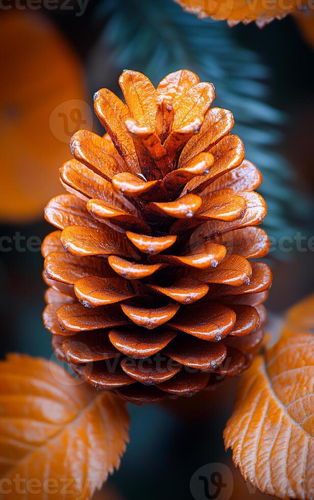 A close up of a pine cone with its scales visible. The pine cone is surrounded by leaves and branches, giving the impression of a natural setting. Concept of warmth and coziness photo