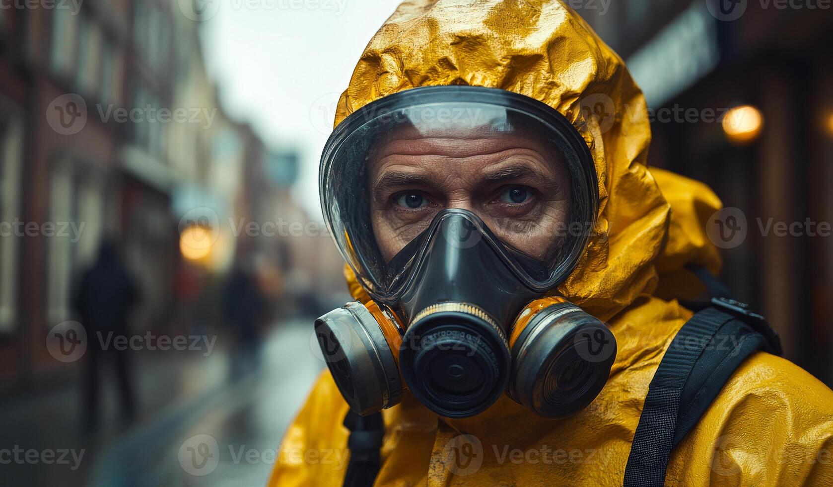 A man in a yellow hazmat suit is standing on a wet street. He is wearing a gas mask and a yellow rain suit photo