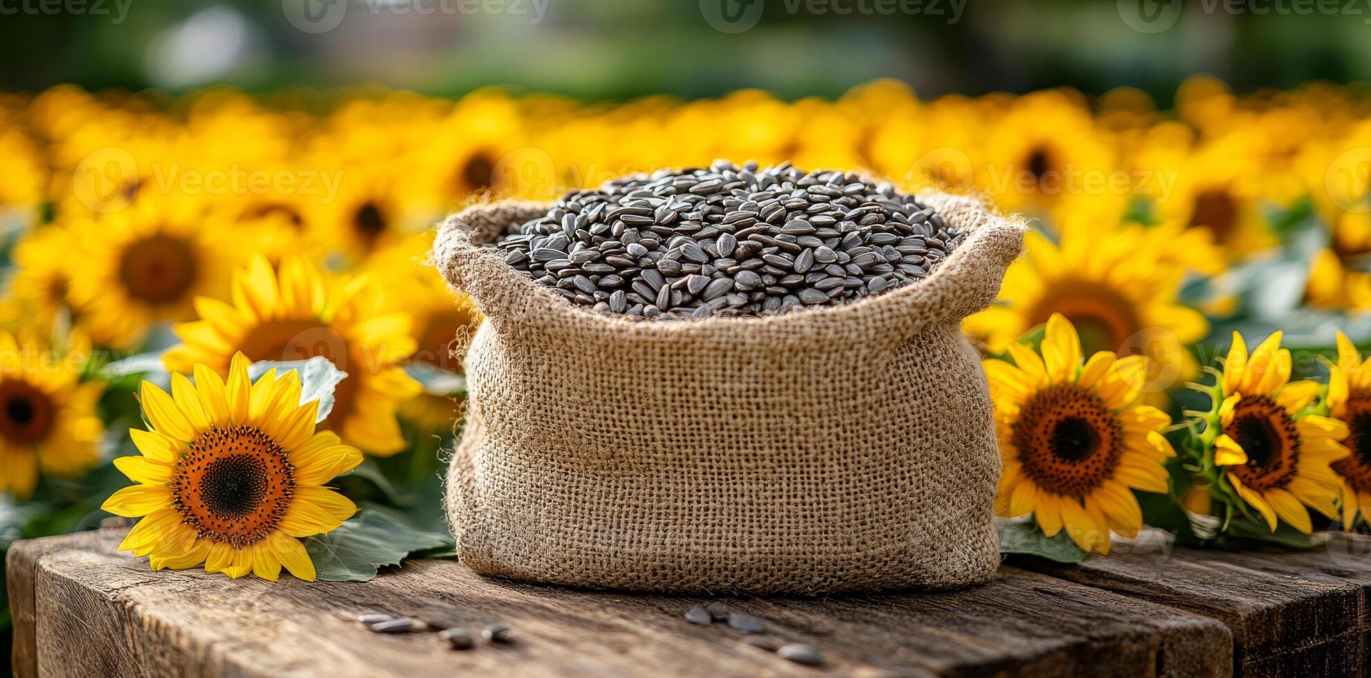 A bag of coffee beans sits on a wooden table next to a field of yellow sunflowers photo