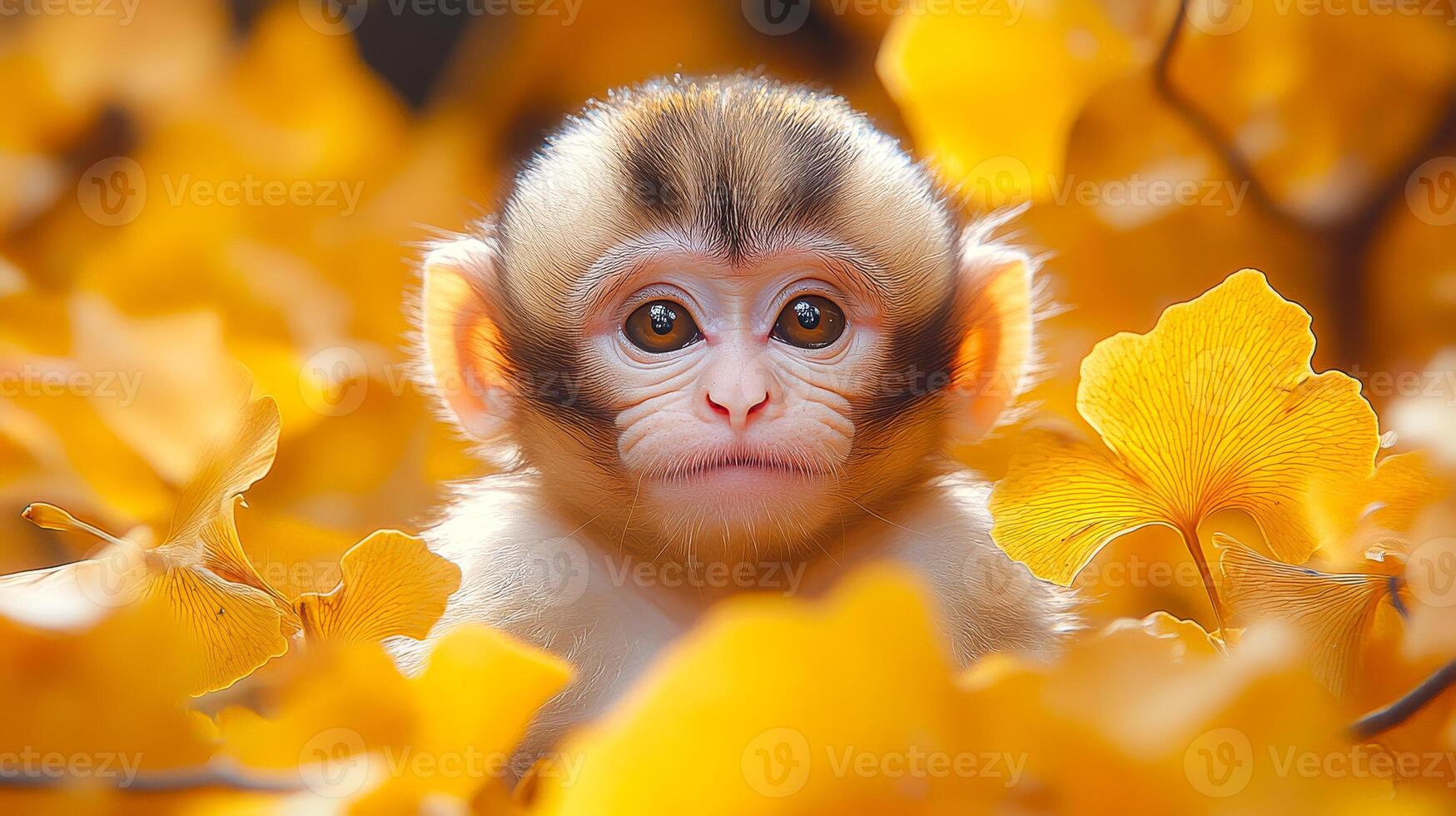 A baby monkey is sitting in a pile of yellow leaves photo
