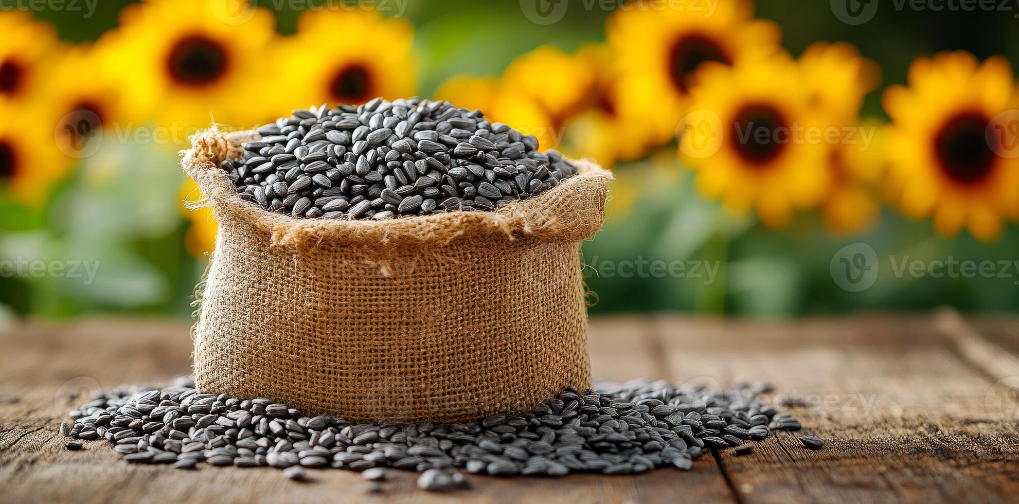 A bag of black beans is sitting on a wooden table. The beans are scattered around the bag, and the bag itself is made of burlap. The scene has a rustic, natural feel to it, with the beans photo