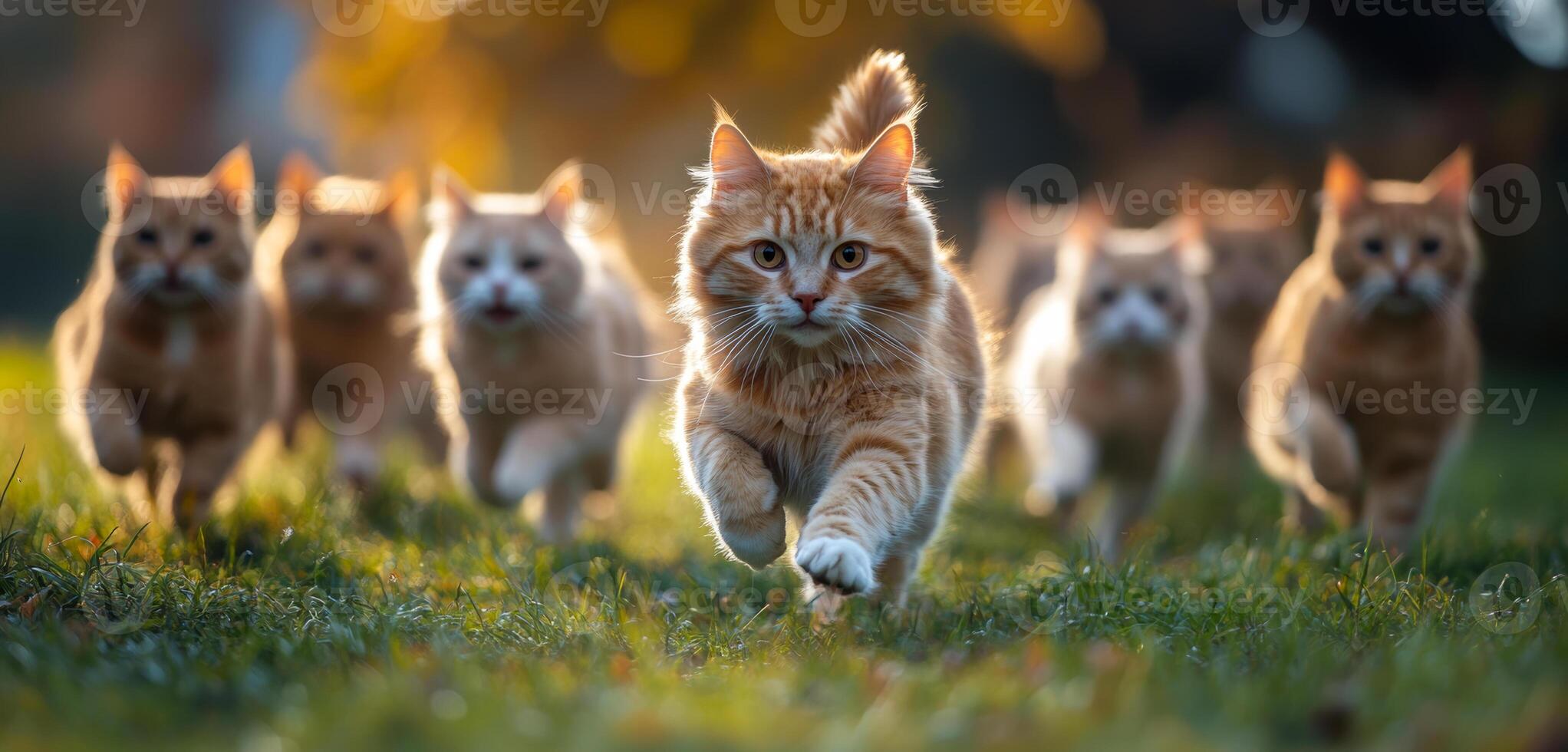 A group of cats are running through a field. The cats are orange and white photo