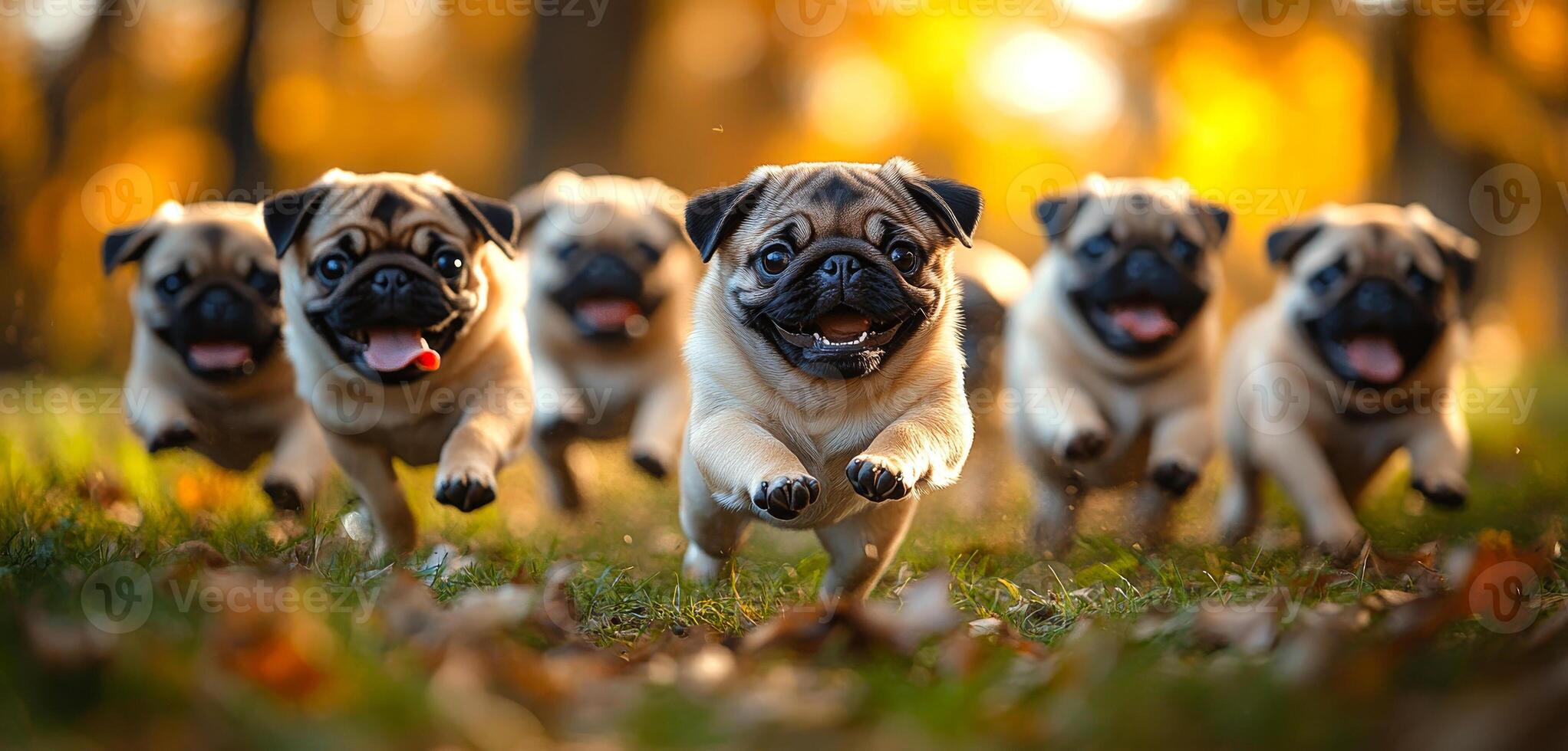 A group of pugs running together in a field. Scene is joyful and playful photo