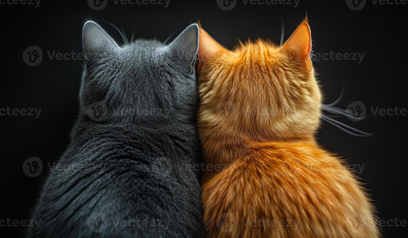 Two cats are sitting next to each other, one is black and the other is orange. The cats are looking at the camera, and their fur is fluffy photo
