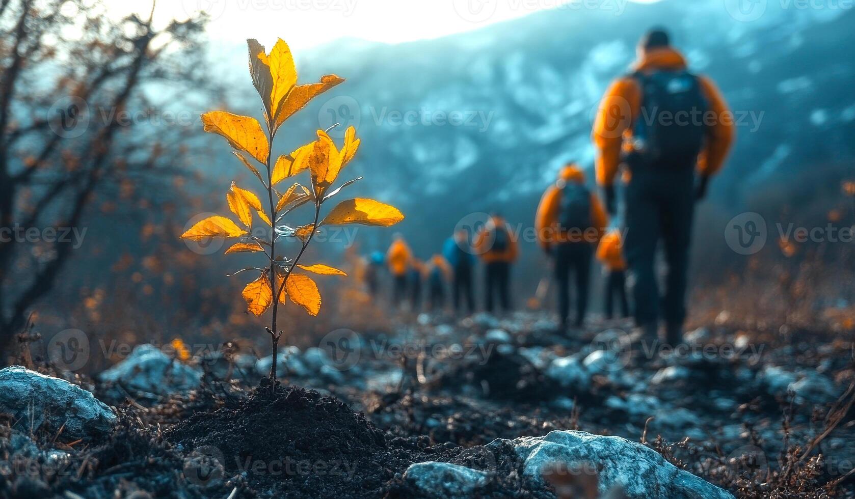 A group of people are walking through a forest with a small tree in the foreground. Scene is peaceful and serene, as the group of people are surrounded by nature photo
