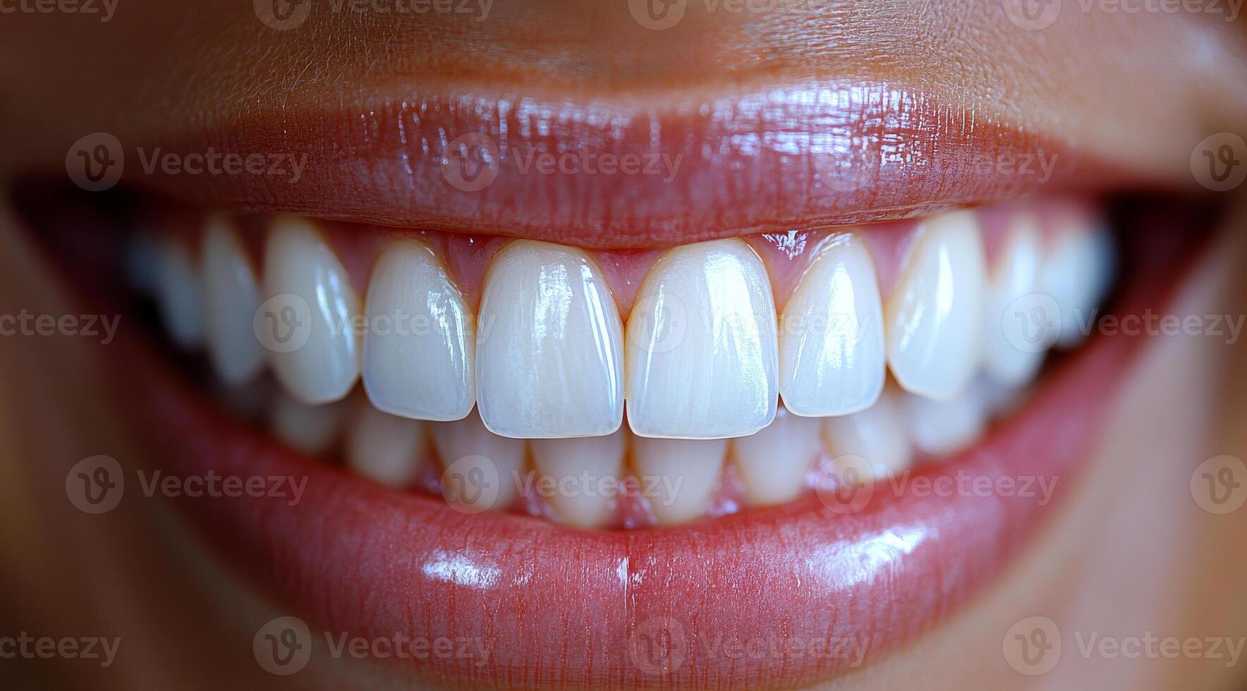 A woman's mouth is shown with her teeth showing. The teeth are white and clean, and the woman has a bright smile. Concept of happiness and positivity, as the woman's smile is infectious and inviting photo