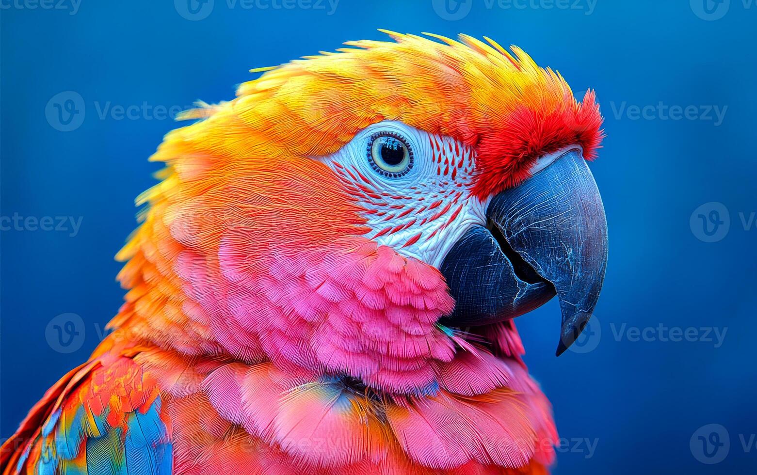 A colorful parrot with a red beak and a blue background. The parrot is looking directly at the camera photo