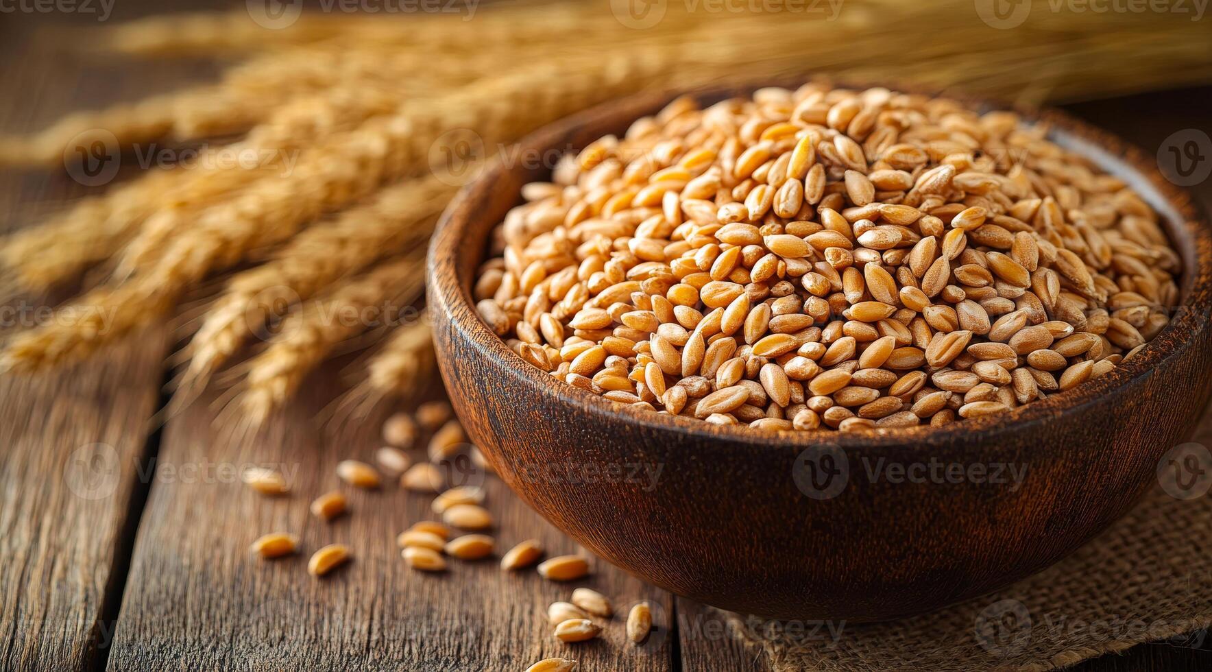 A bowl of wheat grain is sitting on a wooden table. The grain is scattered around the bowl, with some of it falling out of the bowl. Concept of abundance and abundance of food photo
