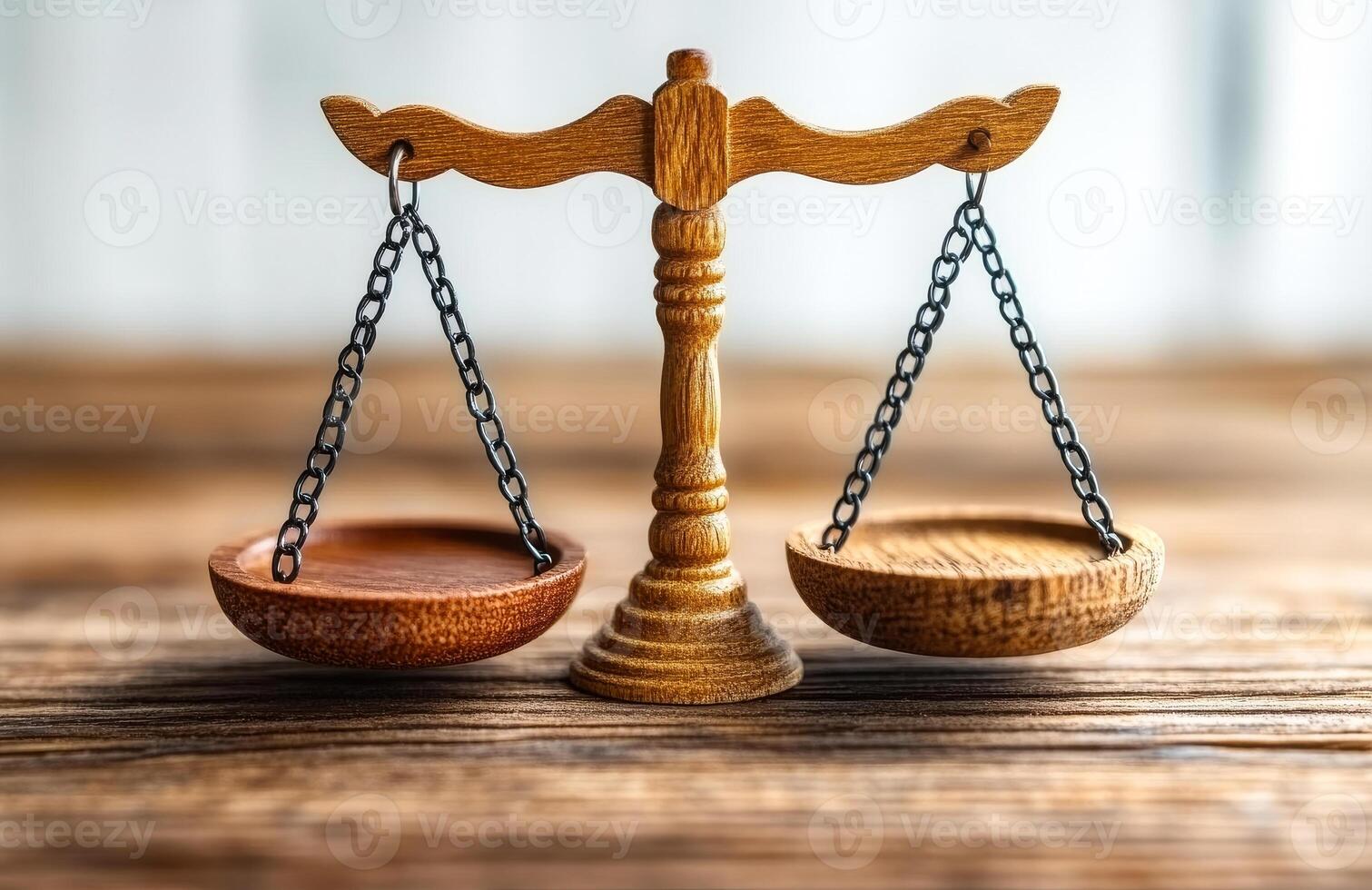 A wooden scale with two bowls on each side photo