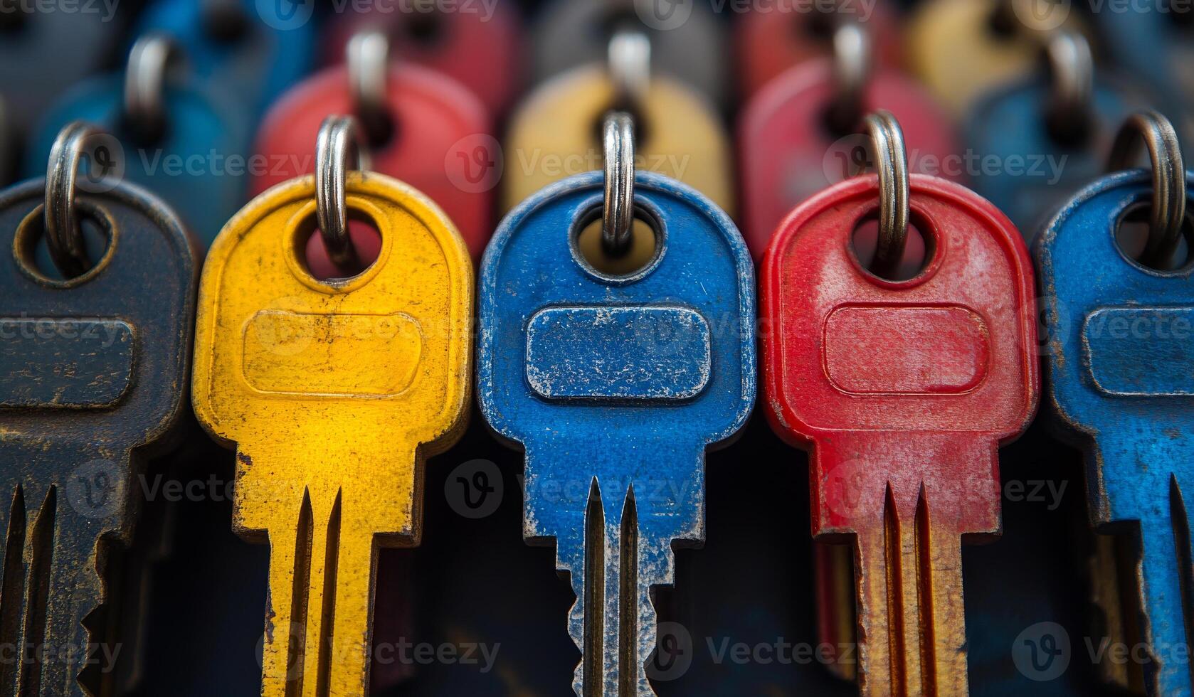 A row of keys with different colors and shapes. The keys are hanging on a chain photo