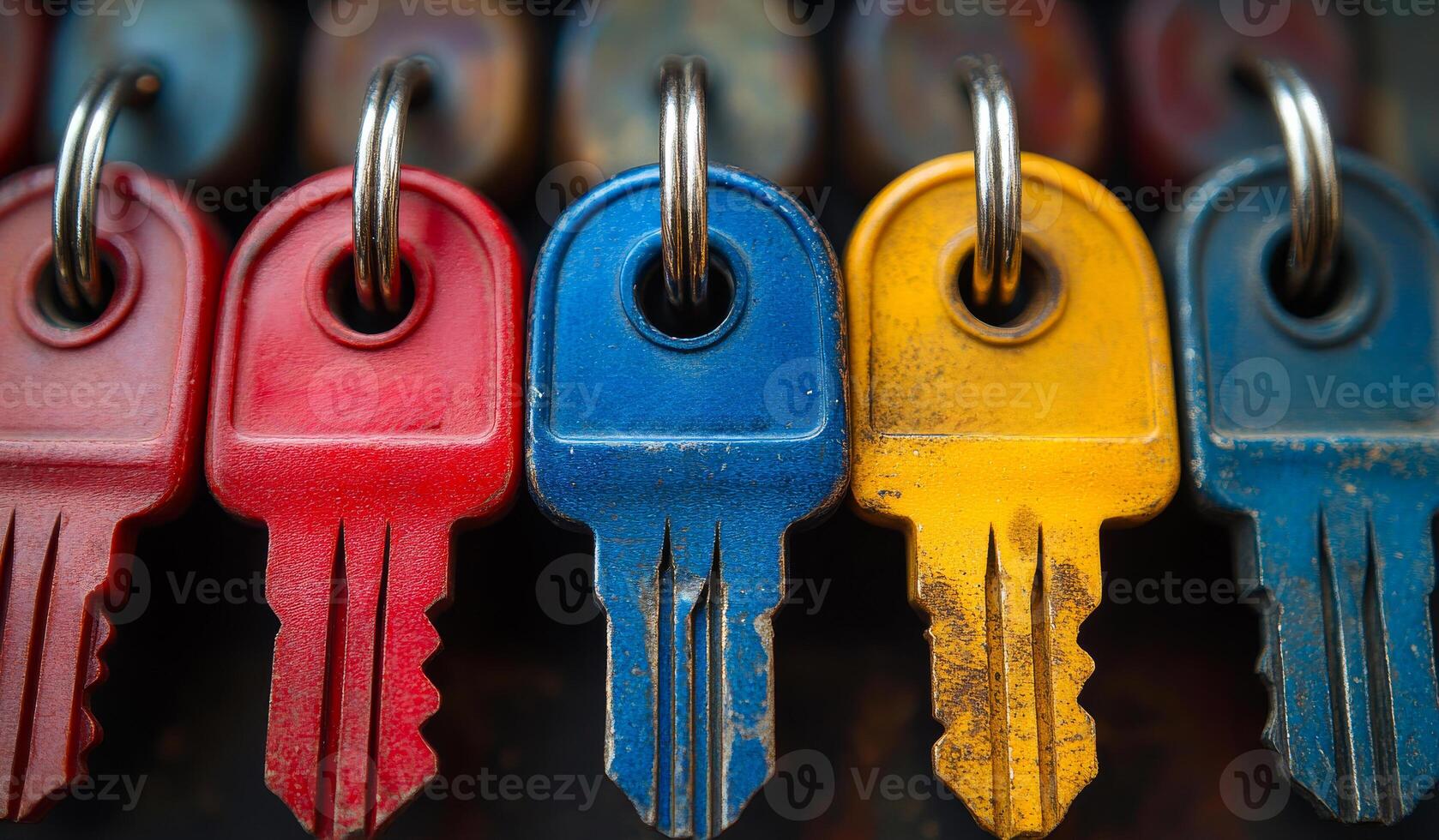 A row of keys with different colors and sizes. The keys are hanging on a chain photo