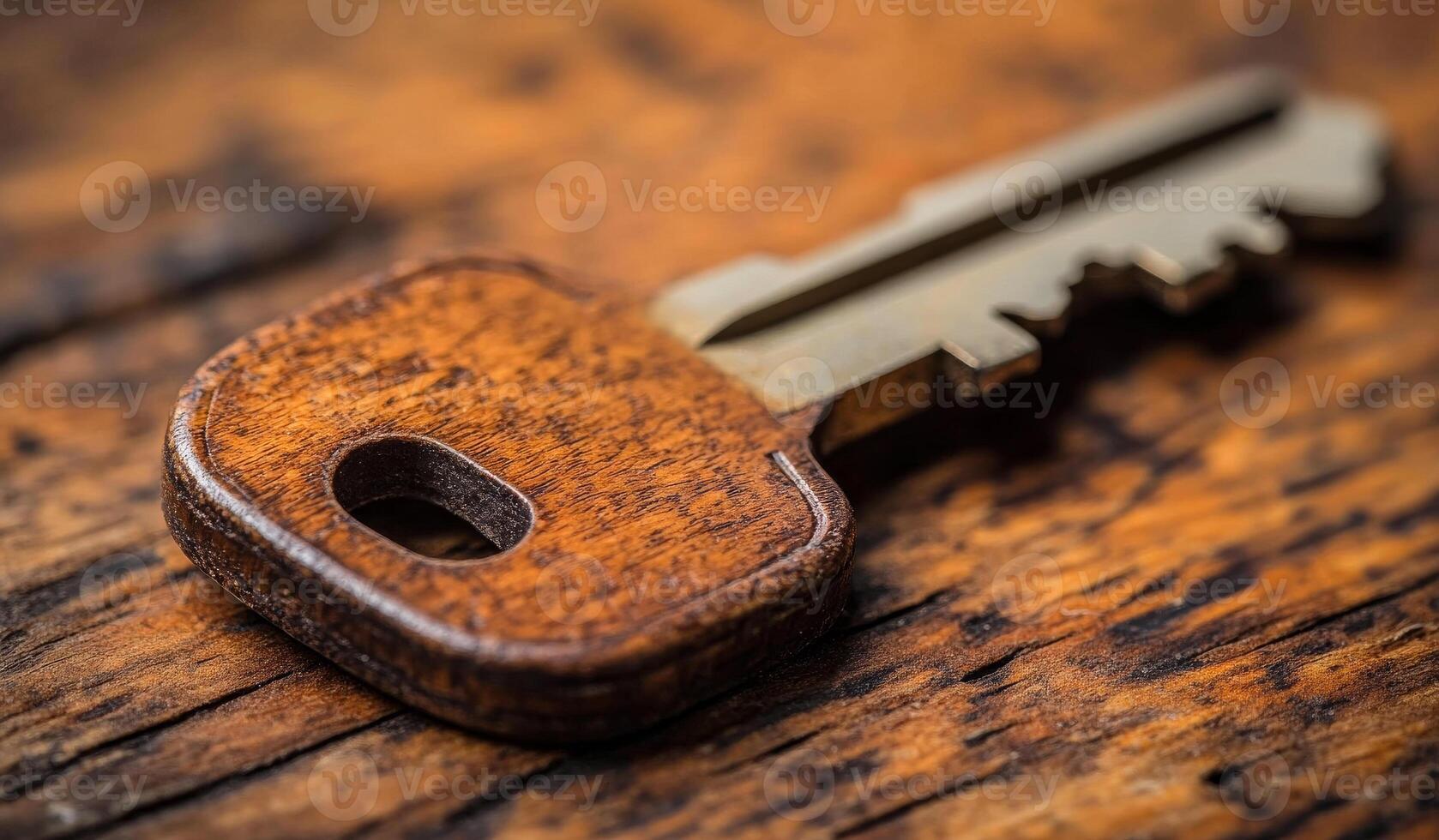 A key is sitting on a wooden surface. The key is made of metal and has a wooden handle. The wooden surface is rough and uneven, giving the image a rustic and natural feel photo