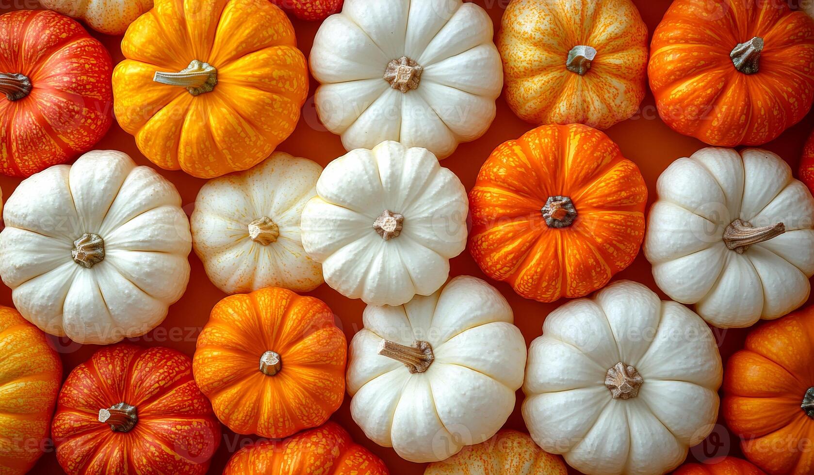 A row of pumpkins with some orange and some white. The orange ones are larger than the white ones photo