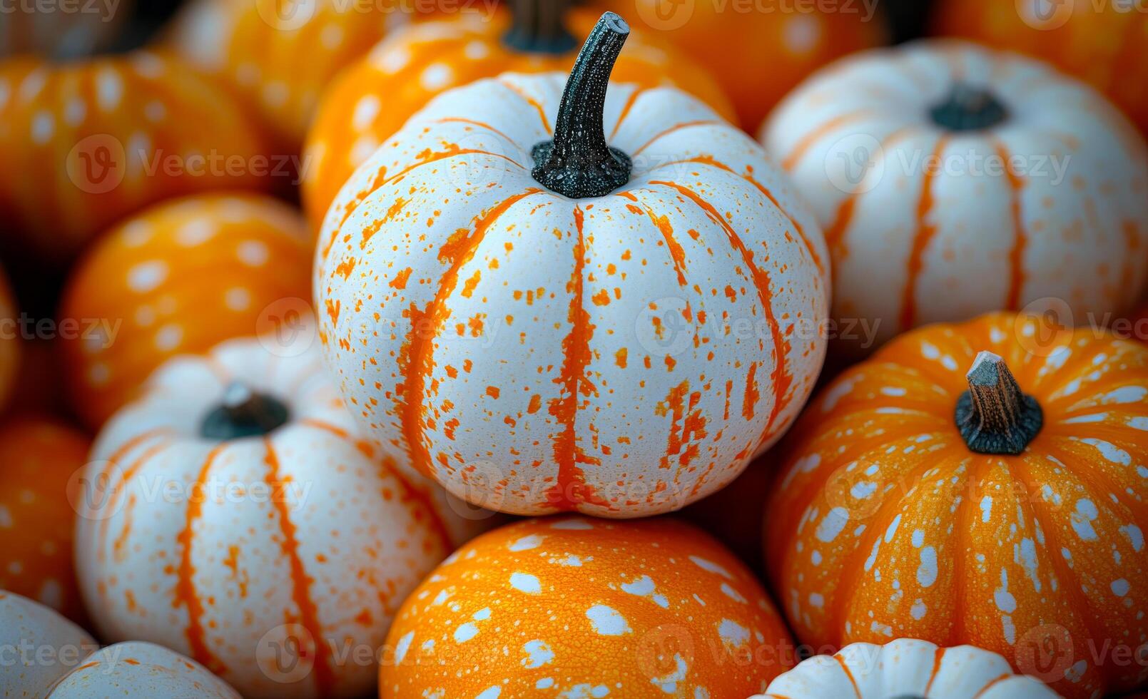 A pile of orange and white pumpkins with a white stem. The orange and white color combination creates a festive and cheerful mood photo