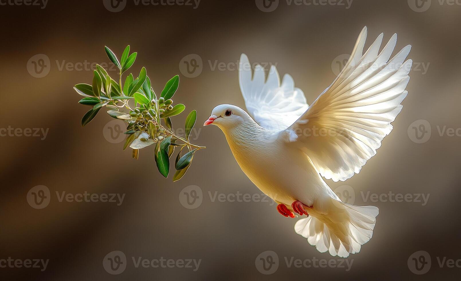 A white dove is flying over a branch with leaves. Concept of freedom and peace, as the dove is soaring through the sky with ease. The leaves on the branch provide a natural photo