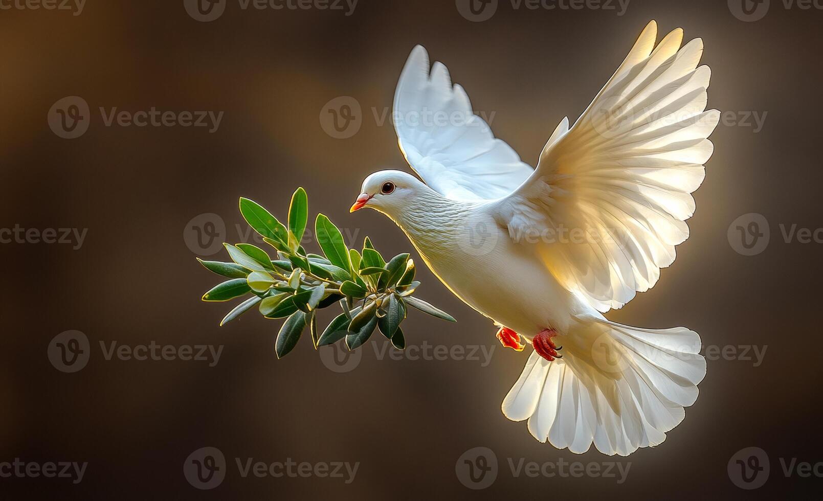 A white dove is flying over a branch with leaves. Concept of freedom and peace, as the dove is soaring through the sky with ease. The leaves on the branch provide a natural photo