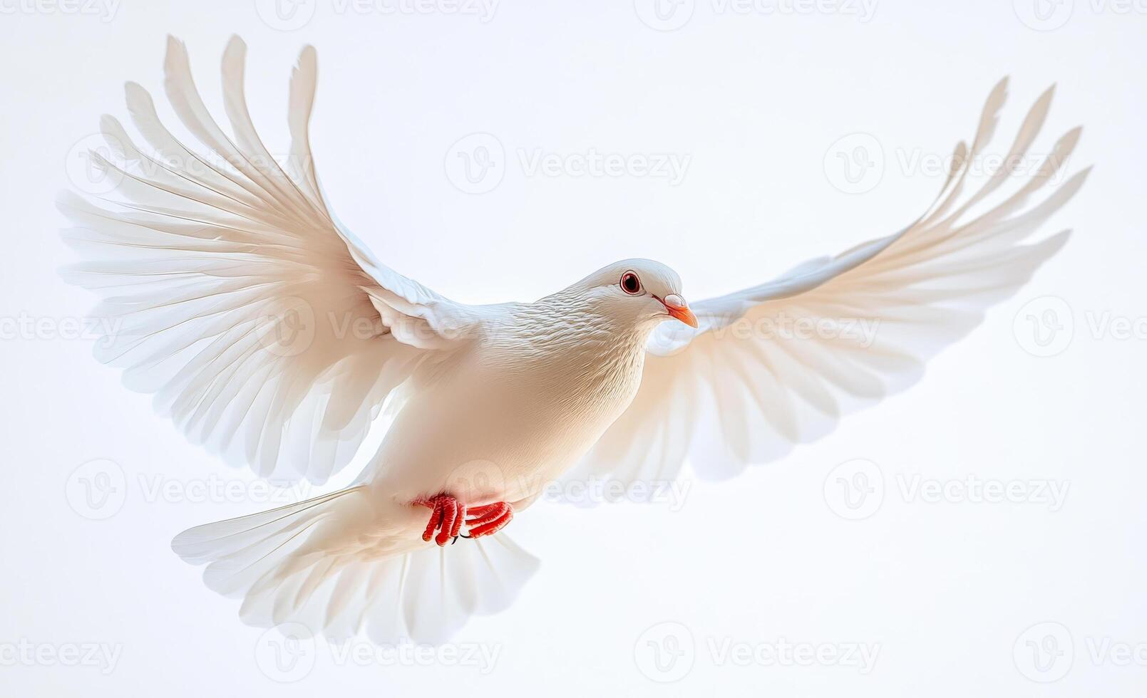 A white dove flies through the air with its wings spread wide. The bird's red feet contrast with its white feathers, creating a sense of balance and grace. The image evokes a feeling of freedom photo