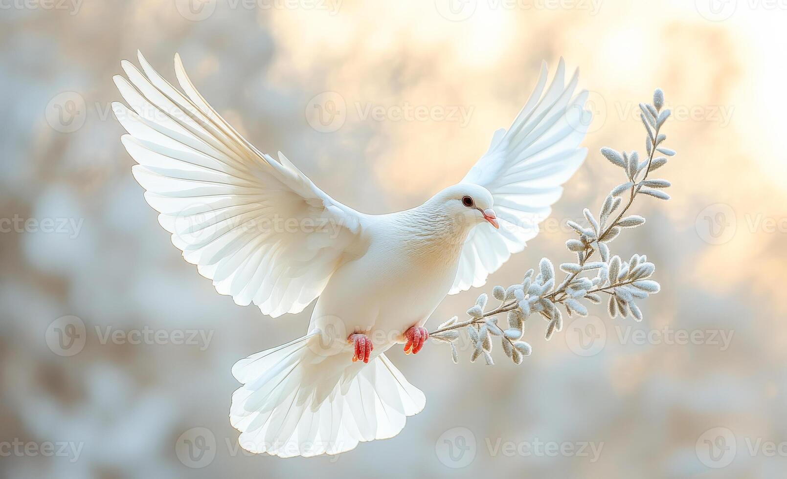 A white dove is flying in the air with its wings spread wide. Concept of freedom and peace, as the bird soars through the sky photo