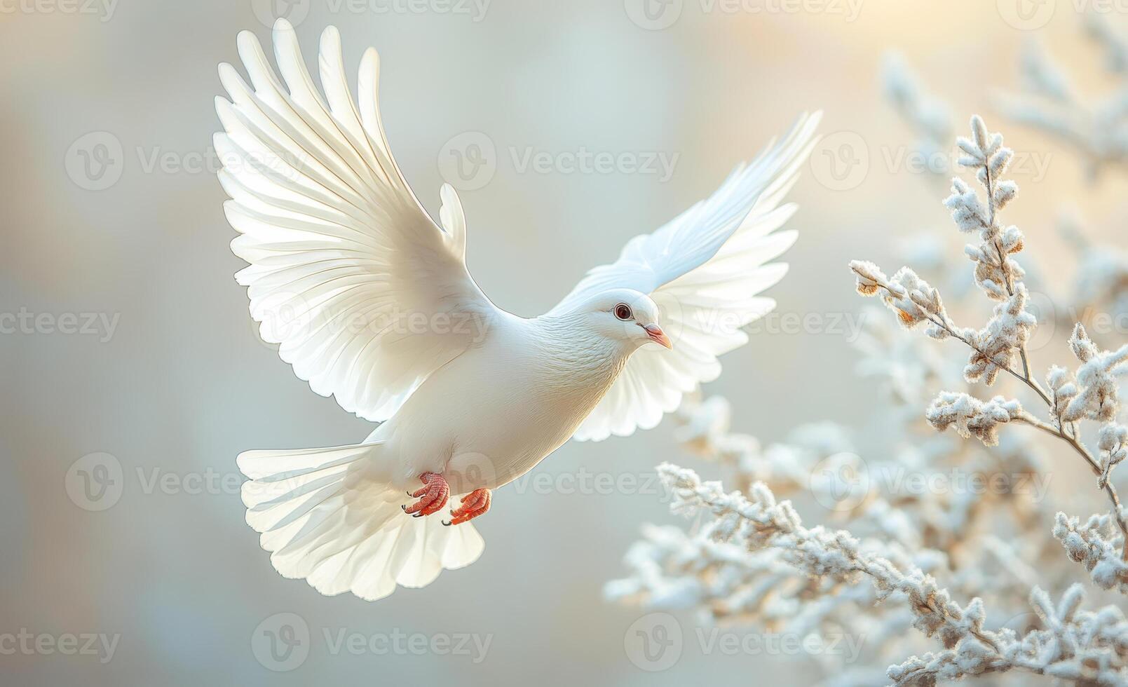 A white dove is flying in the air with its wings spread wide. Concept of freedom and peace, as the bird soars through the sky photo