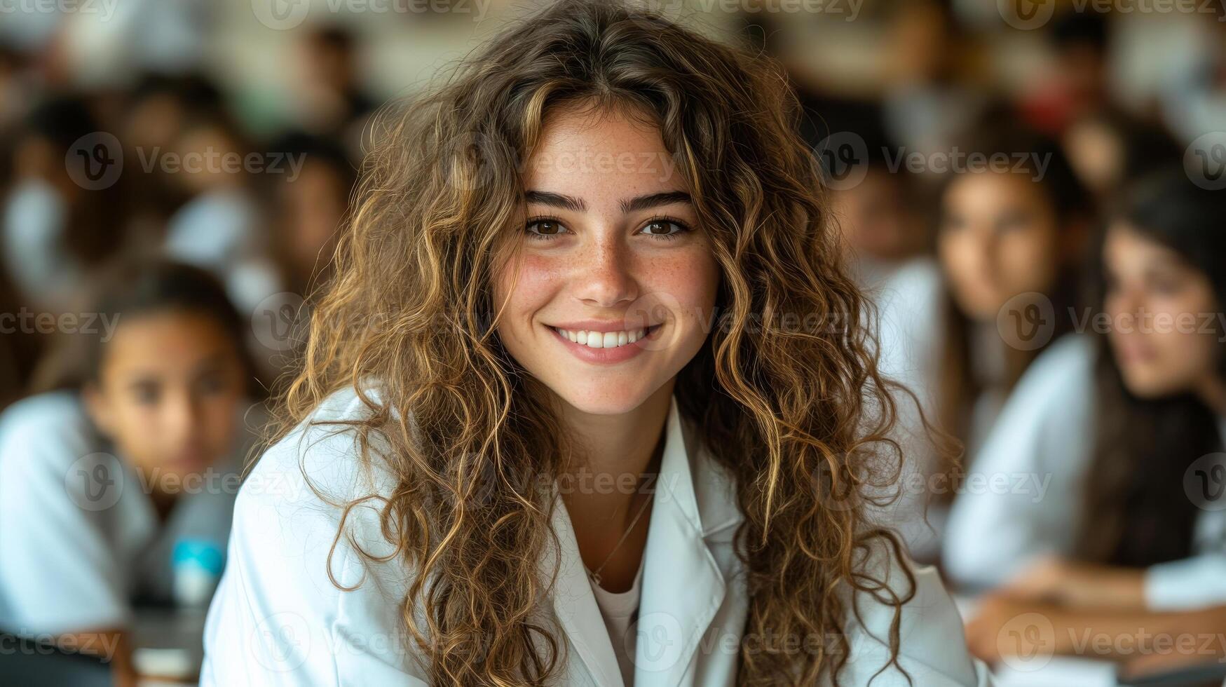 A woman with curly hair is smiling at the camera. She is wearing a white lab coat and is surrounded by other people photo