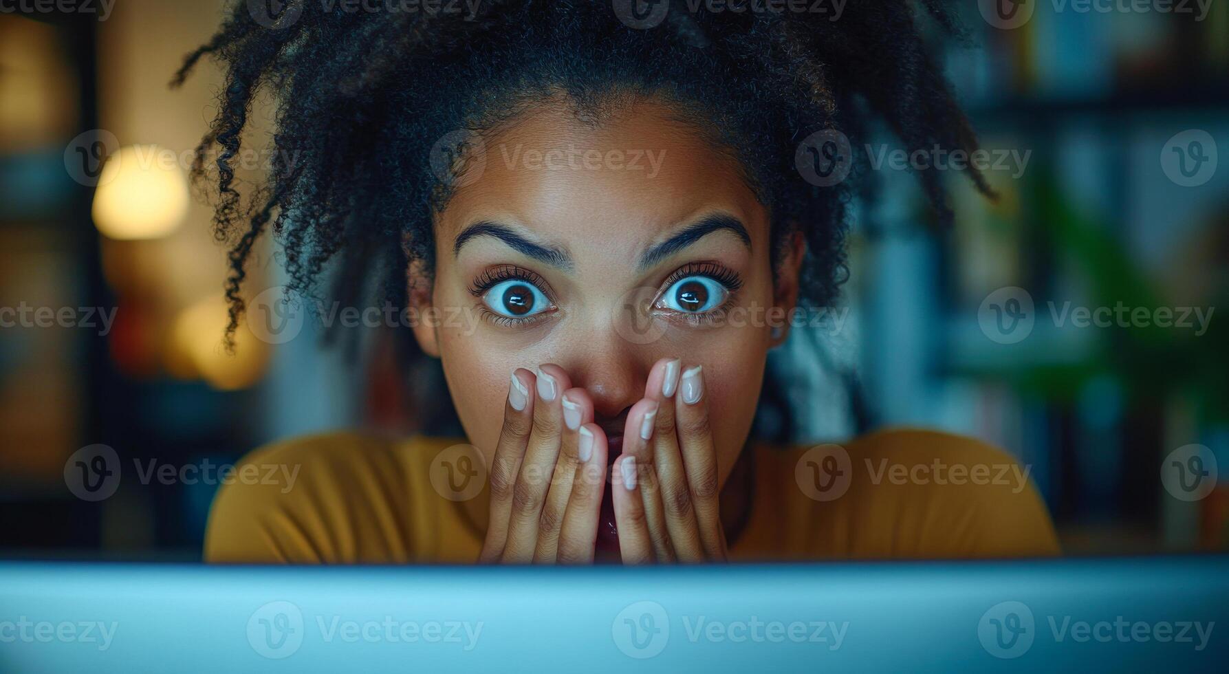 A woman with dark hair and brown eyes is looking at the camera with a shocked expression. She is wearing a yellow shirt and has her hands covering her face. Concept of surprise or disbelief photo