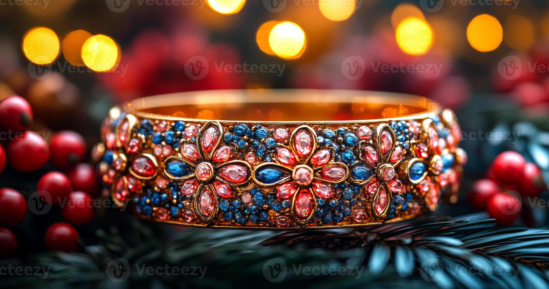 A gold and blue flowery bracelet is on a table with red berries. The bracelet is adorned with colorful stones and beads, giving it a festive and elegant appearance. The combination of the bracelet photo