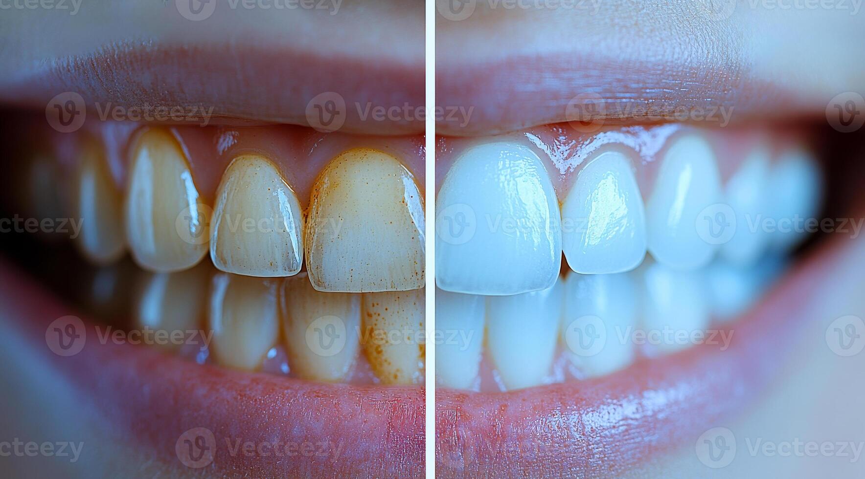 Two different sets of teeth, one with a yellowish tint and the other with a white color. The teeth with the yellowish tint are likely in need of a professional cleaning photo