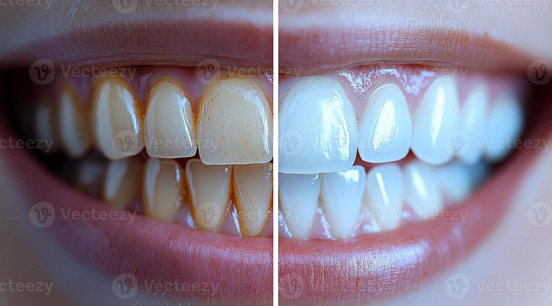 A woman's teeth with one being clean and the other being stained. The clean teeth are white and shiny, while the stained teeth are yellow and dull photo
