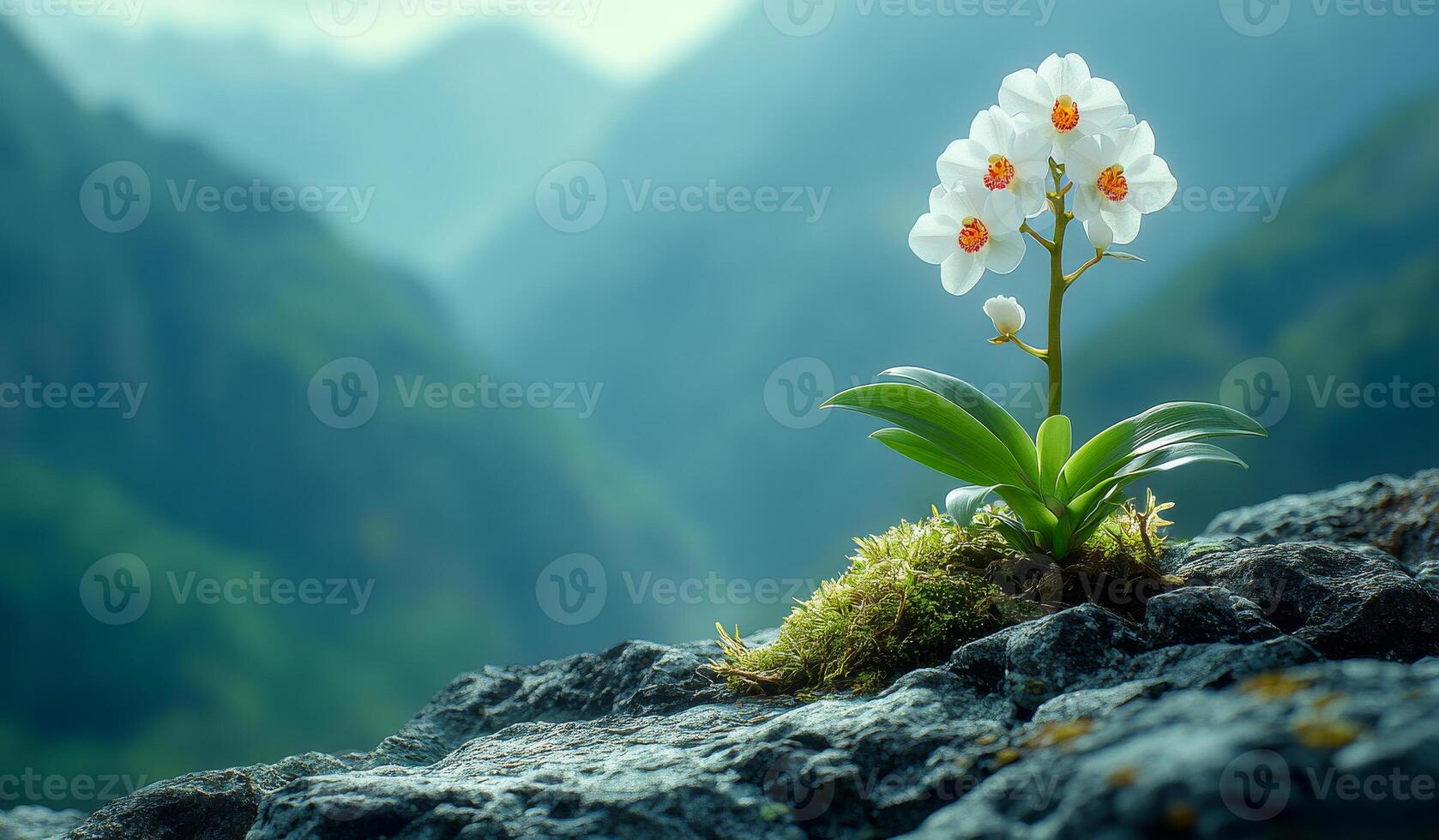 A small white flower is growing on a rock in the mountains. Concept of serenity and tranquility, as the flower stands out against the rocky landscape photo