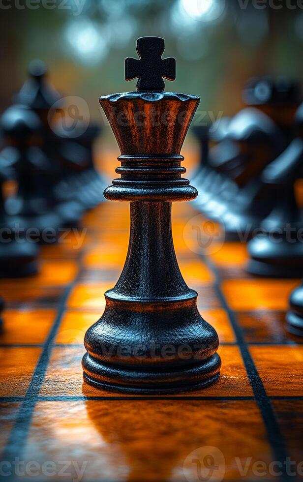 A black chess piece is the only one on the board. The rest of the pieces are missing photo
