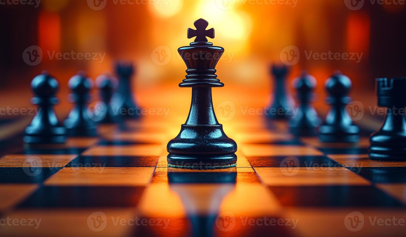 A black chess piece is on a checkered board with other pieces surrounding it. Concept of strategy and competition, as the king is the most important piece on the board photo