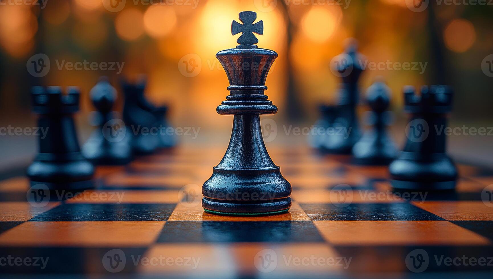 A black chess piece is in the center of a checkered board. Concept of focus and determination, as the king is the most important piece on the board photo