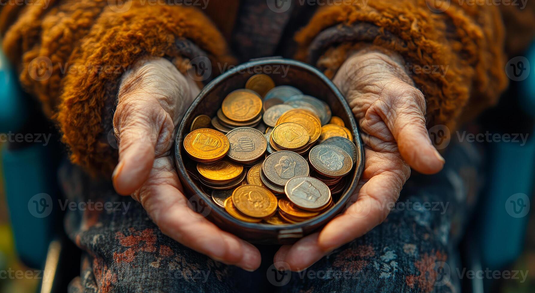 A woman is holding a bowl full of coins. The coins are of different sizes and colors, and the woman is holding them in her hands. Concept of abundance and generosity photo