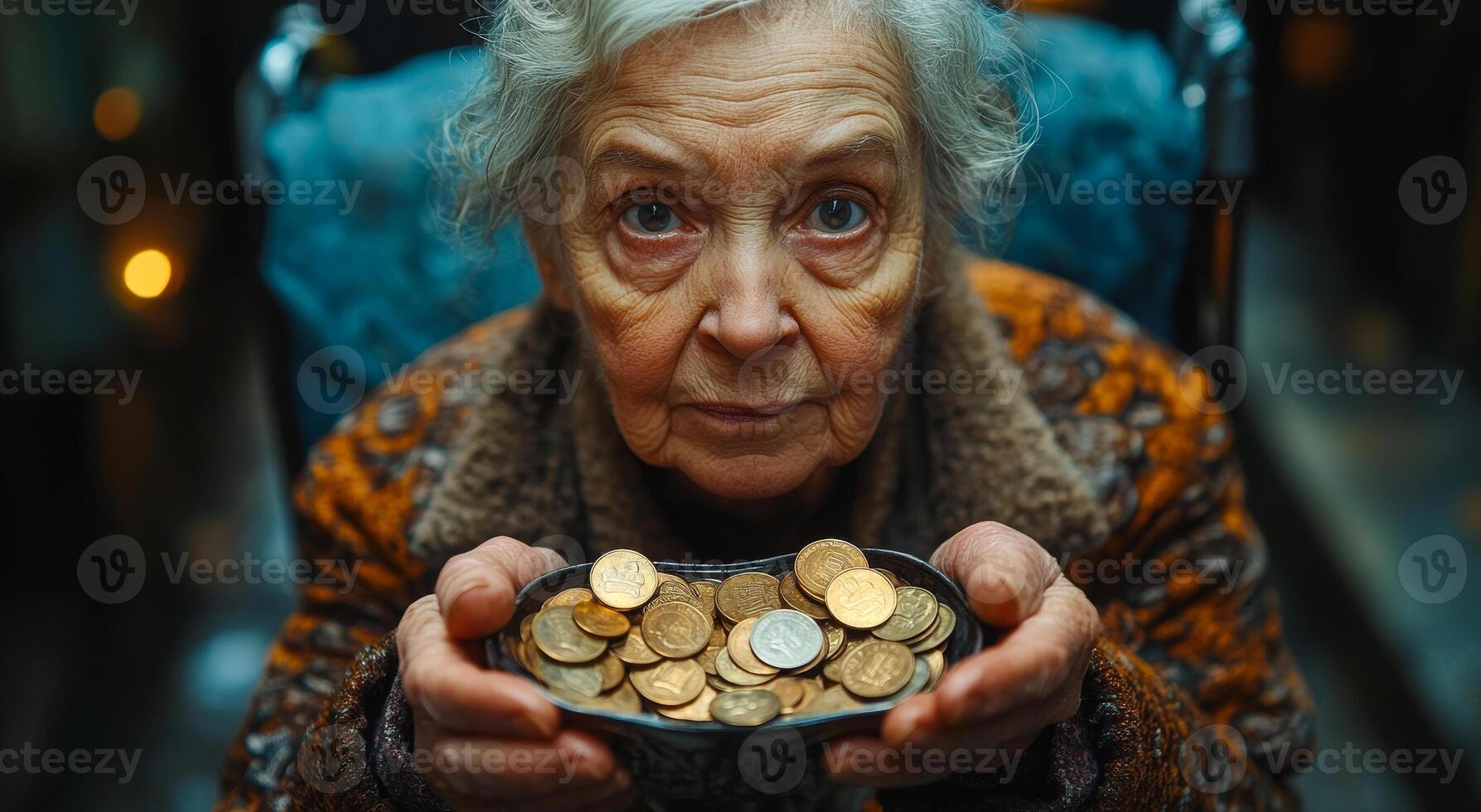 A woman is holding a bowl full of coins. She looks tired and sad. The coins are scattered all over the bowl, and some of them are shiny and new. The woman's face is wrinkled, and her eyes are closed photo
