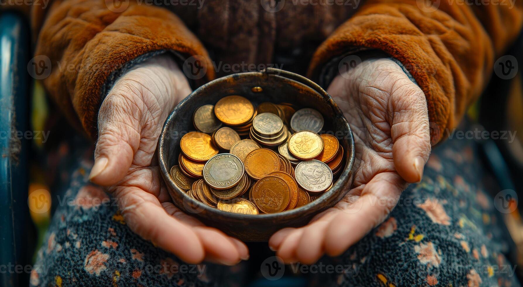 A woman is holding a bowl full of coins. The coins are of different sizes and colors, and they are all in her hands. Concept of generosity and kindness photo