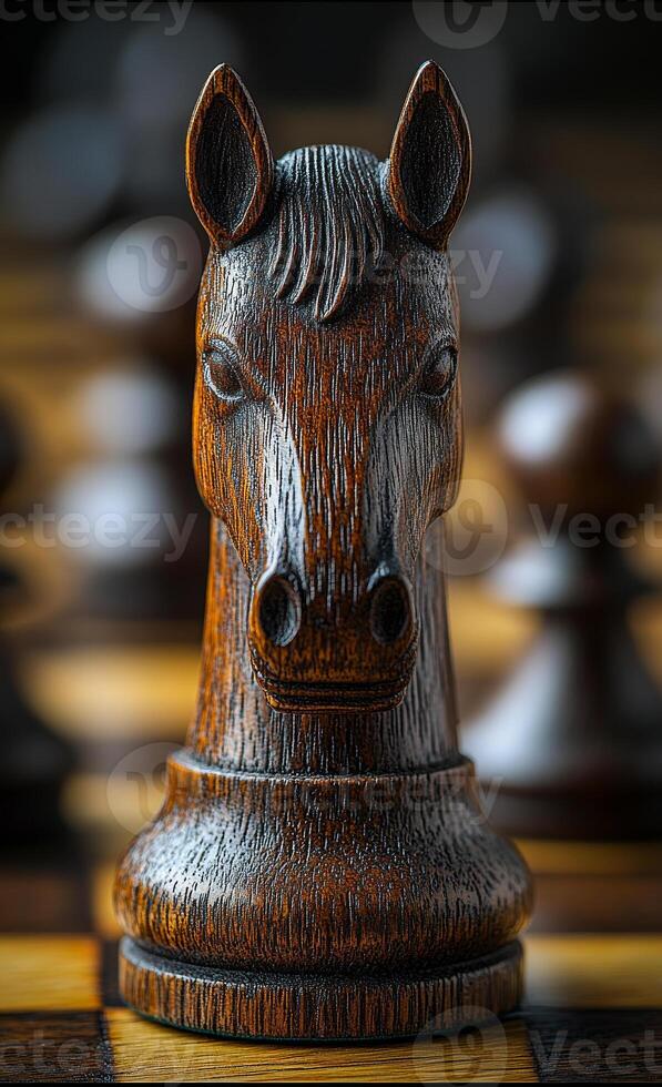 A wooden chess piece with a horse head on it photo