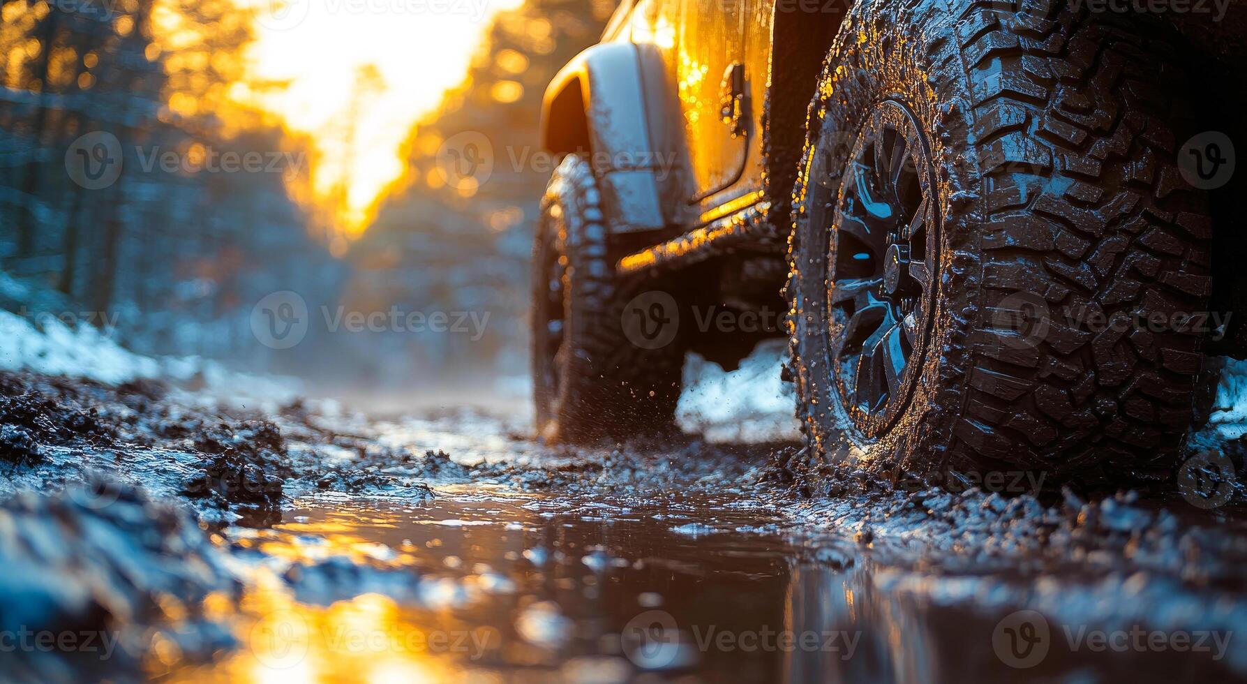 A dirty jeep tire is in the mud. The tire is covered in mud and snow, and the ground is wet. The scene is dark and moody, with the sun setting in the background photo