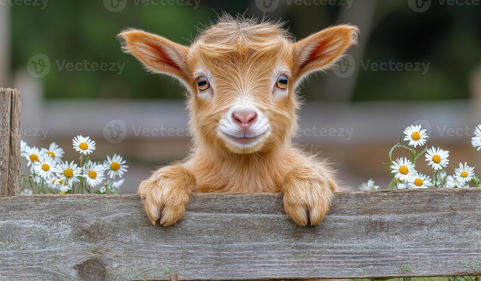 A baby goat is standing in front of a wooden fence with flowers in the background. The goat is smiling and looking at the camera photo