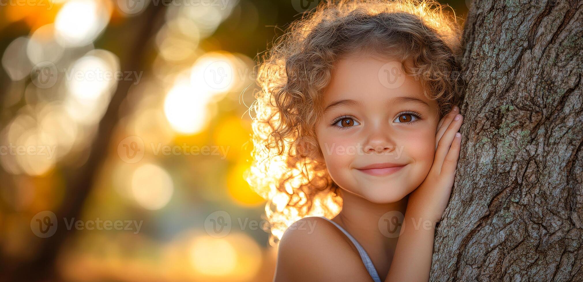 A young girl with curly hair is hugging a tree trunk. The image has a warm and playful mood, with the girl's smile and the tree's natural texture creating a sense of comfort and joy photo