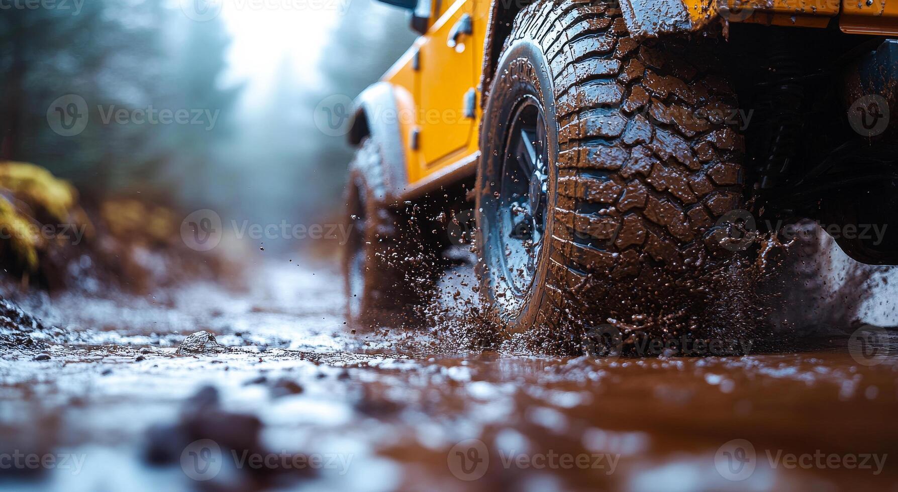 A yellow jeep is driving through a muddy road. The tires are covered in mud and the vehicle is splashing water everywhere. Concept of adventure and excitement photo
