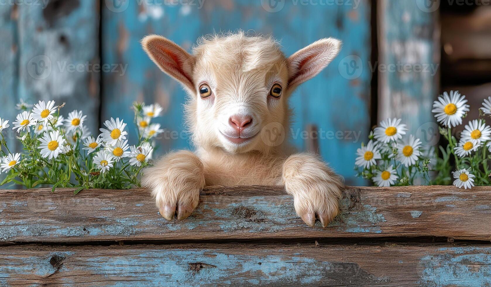 A baby goat is standing in front of a wooden fence with flowers in the background. The goat is looking at the camera with a smile on its face photo