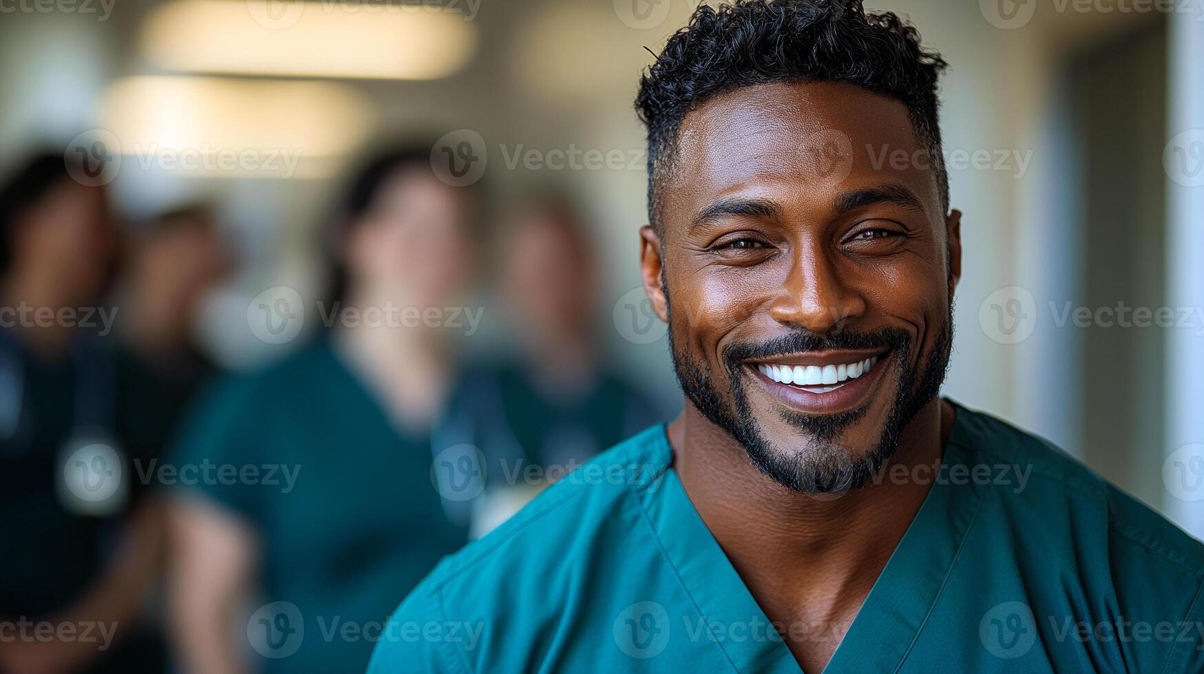 A smiling black man in a green scrubs shirt. He is the center of attention. The other people in the background are wearing green scrubs as well photo
