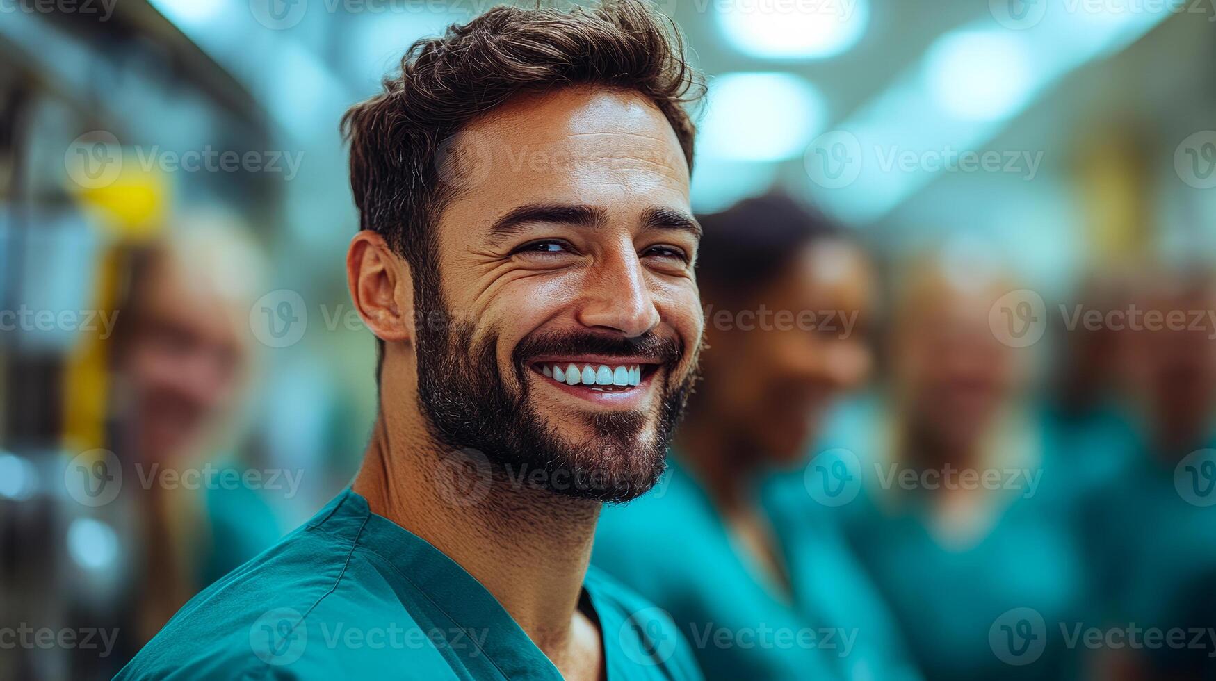A man with a beard is smiling at the camera. He is wearing a green shirt and is surrounded by other people photo